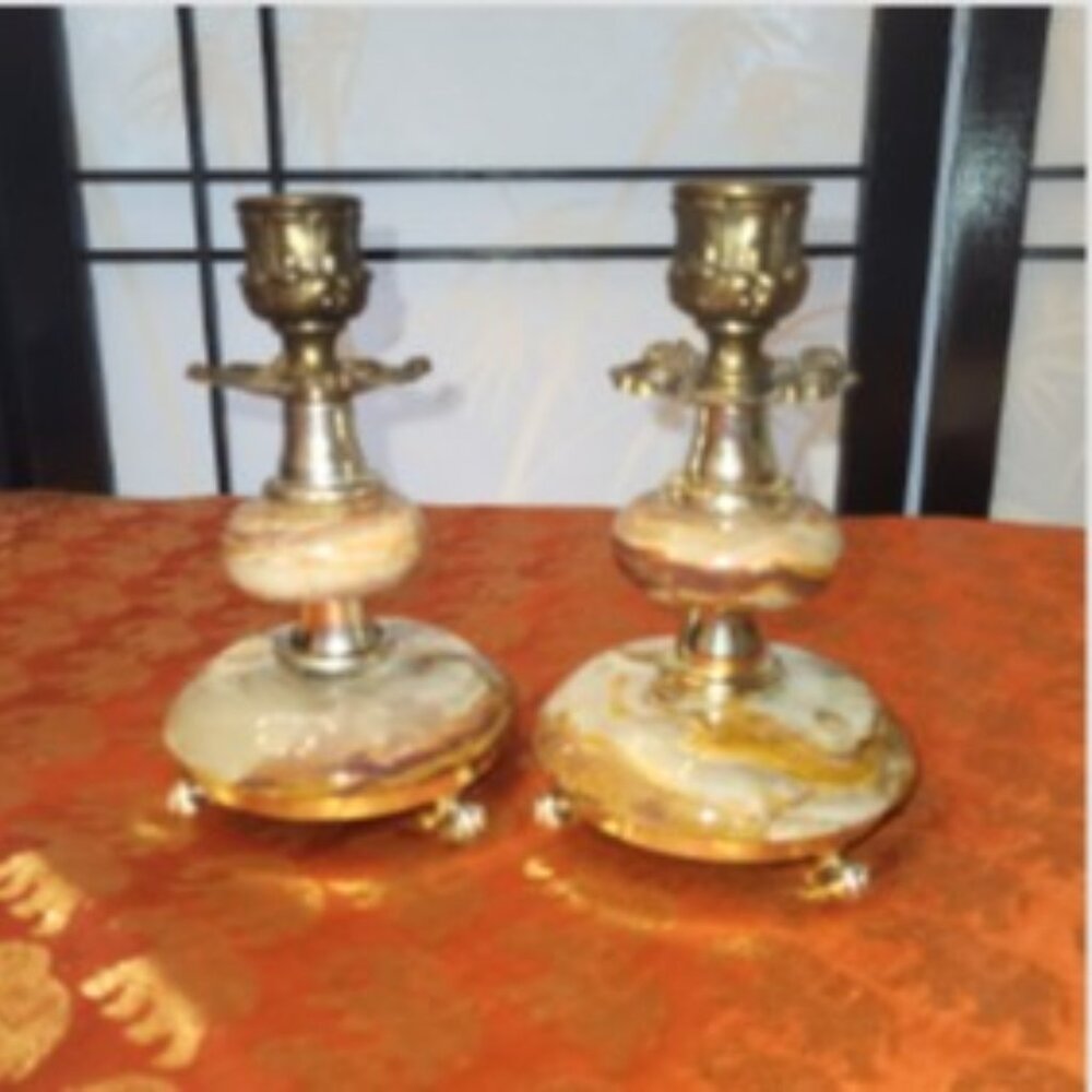 Pair of Hollywood Regency Marble/Onyx & Brass Candle Holders Approx 6 inches